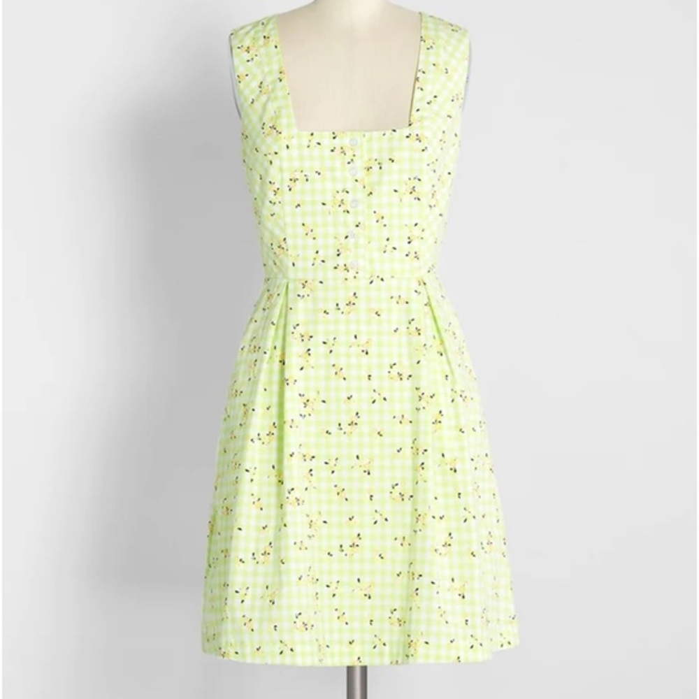 Modcloth Meet Me At Roving Rock A-Line Square Neckline Dress: Lime/White Gingham